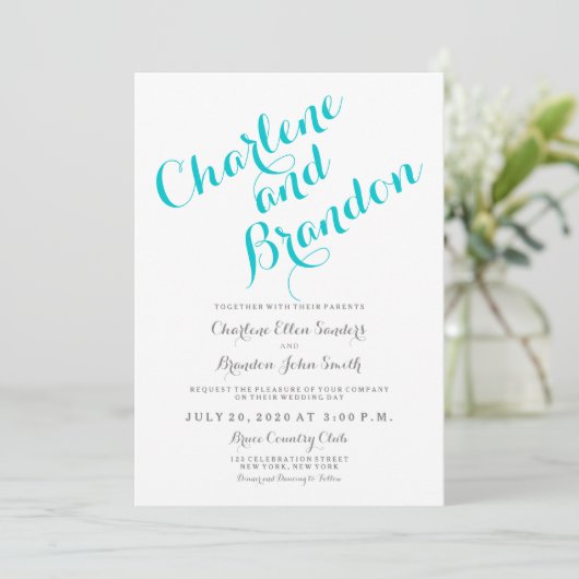 Script classique | Faire-part de mariage turquoise (Debout devant)