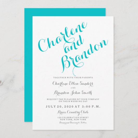 Script classique | Faire-part de mariage turquoise (Devant / Derrière)