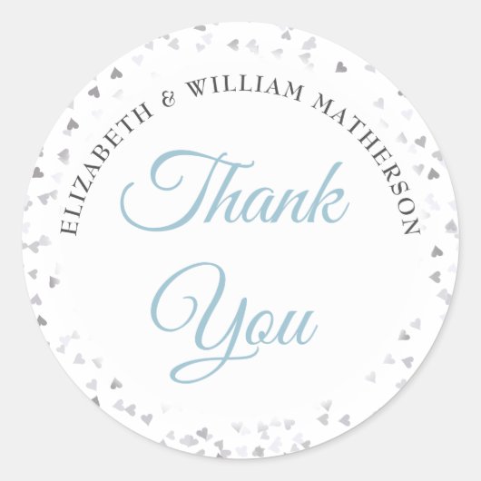 Script Dank Je Wel Liefdesharten Confetti Ronde Sticker (Voorkant)