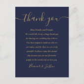 Script Dank u Navy Blue Gold Wedding Place Card Briefkaart (Voorkant)