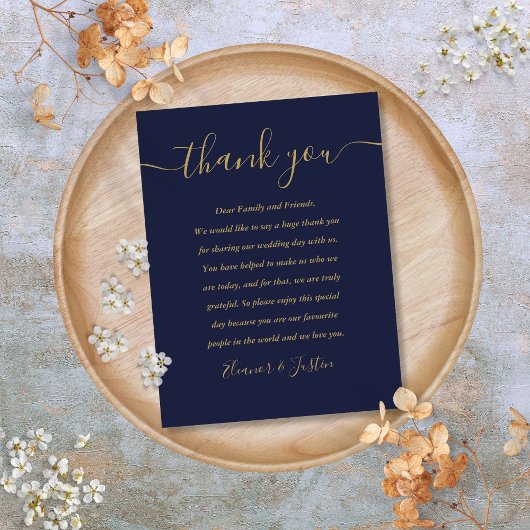 Script Dank u Navy Blue Gold Wedding Place Card Briefkaart