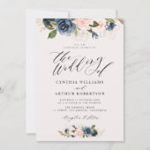 script dat floral navy en blush bruiloft laat zien kaart (Voorkant)