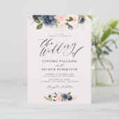script dat floral navy en blush bruiloft laat zien kaart (Staand voorkant)