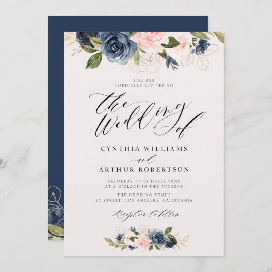script dat floral navy en blush bruiloft laat zien kaart (Voorkant / Achterkant)