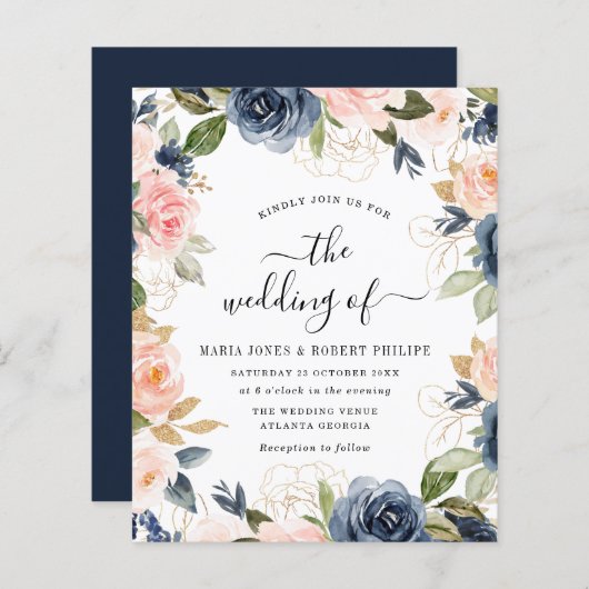 script dat marine en blush bruiloft uitnodigt (Voorkant / Achterkant)