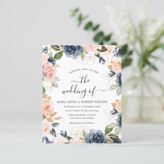 script dat marine en blush bruiloft uitnodigt (Staand voorkant)