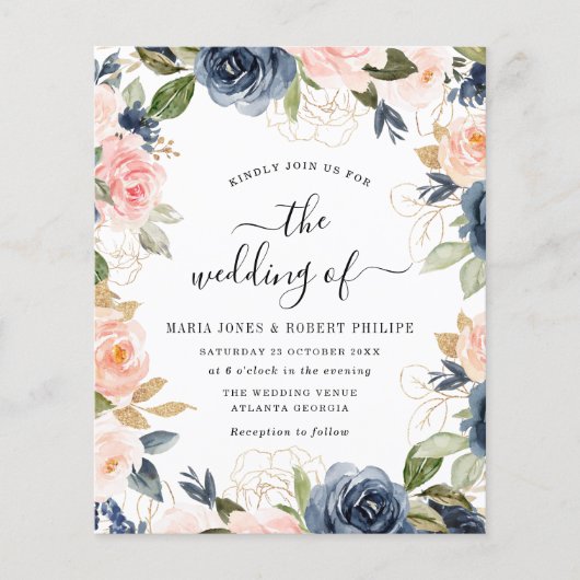 script dat marine en blush bruiloft uitnodigt (Voorkant)