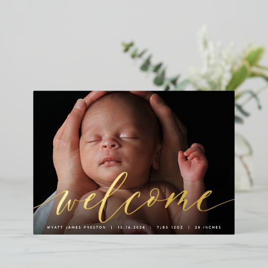 Script de bienvenue doré | Faire-part de naissance (Debout devant)