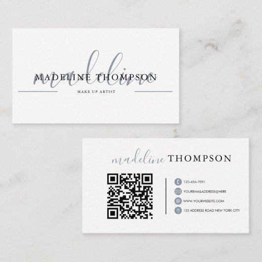 Script de calligraphie bleu pâle Code QR Carte de  (Devant / Derrière)