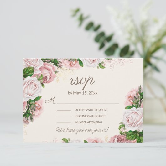 Script de calligraphie RSVP de mariage floral rose (Debout devant)