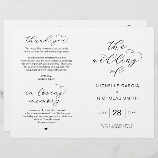 Script de luxe moderne, Programmes de mariage plia (Devant / Derrière)