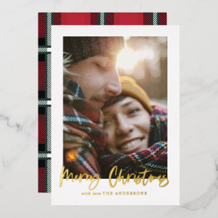 script drie kerst rode tartan foto folie feestdagenkaart