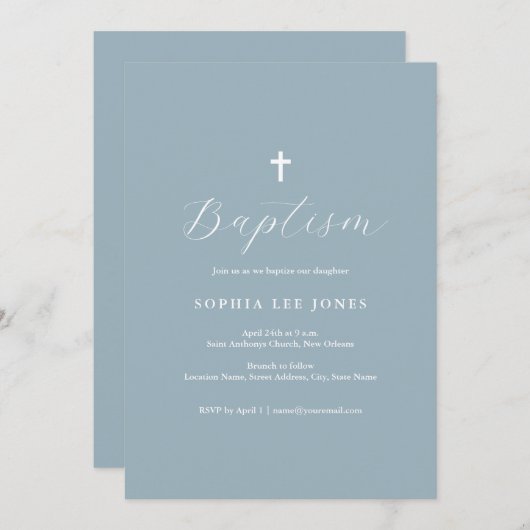 Script Dusty Blue Modern Baptism Uitnodiging (Voorkant / Achterkant)