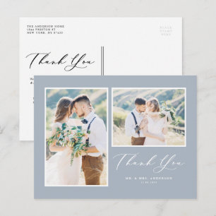 Script Dusty Blue Twee foto bruiloft Dank u Briefkaart