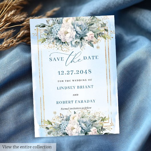 Script Dusty Blue White Gold Flowers Save The Date Kaart