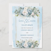Script Dusty Blue White Gold Flowers Save The Date Kaart (Voorkant)