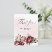 Script Elegant Bourgondië Blush Bloemen Dank u Briefkaart (Staand voorkant)