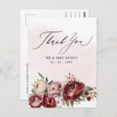 Script Elegant Bourgondië Blush Bloemen Dank u Briefkaart (Voorkant / Achterkant)