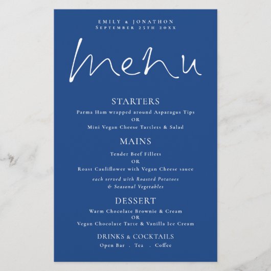 Script élégant Budget Menu Mariage bleu blanc (Devant)