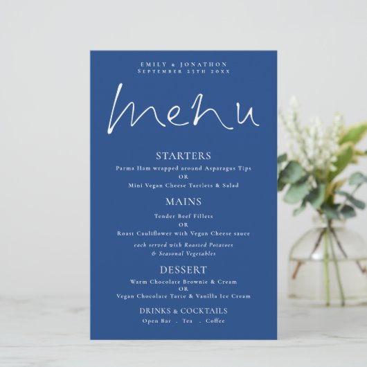 Script élégant Budget Menu Mariage bleu blanc (Debout devant)