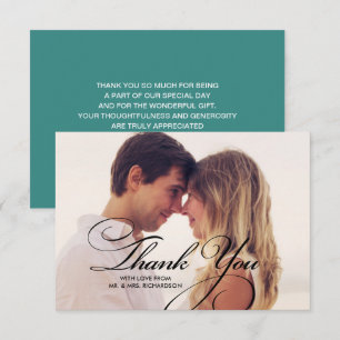 Script élégant   CARTE PHOTO MARIAGE MERCI TURQUOI
