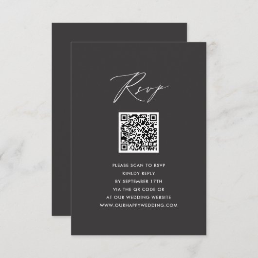 Script élégant Gris moderne Simple QR Wedding RSVP (Devant / Derrière)