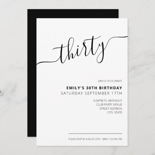 Script élégant moderne 30e anniversaire Invitation (Devant / Derrière)