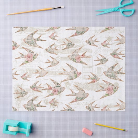  Script Ephemera Waterverf Floral Swallows Tissuepapier (Craft)