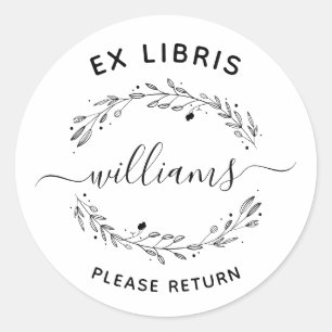 Script familienaam rustieke bladeren ex libris boe ronde sticker