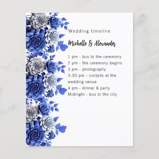 Script floral bleu blanc programme de mariage budg (Devant)