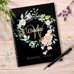 Script Floral rose Monogramme Black Gold 2023<br><div class="desc">Joli planificateur monogramme 2023,  avec un beau nom de script blanc avec une initiale en or complétant qui est encadrée par une délicate rose aquarelle fleurie sur un arrière - plan noir. Conçu par Thisisnotme©</div>