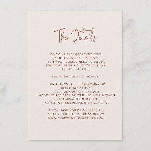 Script Font Modern Wedding Terracotta & Cream Informatiekaartje (Voorkant)