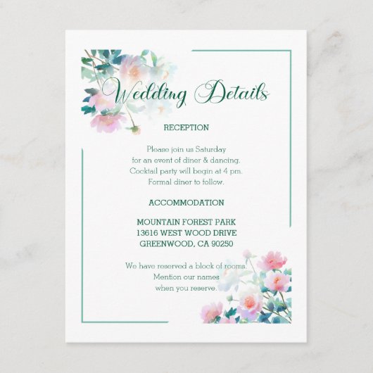 Script Font Pastel Garden Flowers Wedding Informatiekaartje (Voorkant)