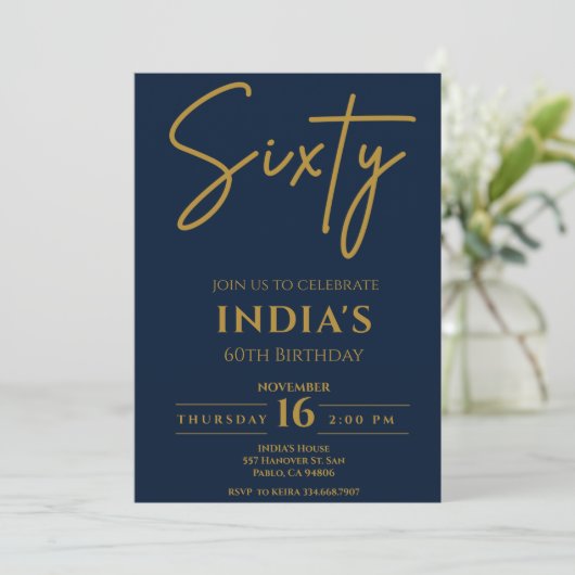Script Gold & Blue 60th Birthday party Invitation (Debout devant)