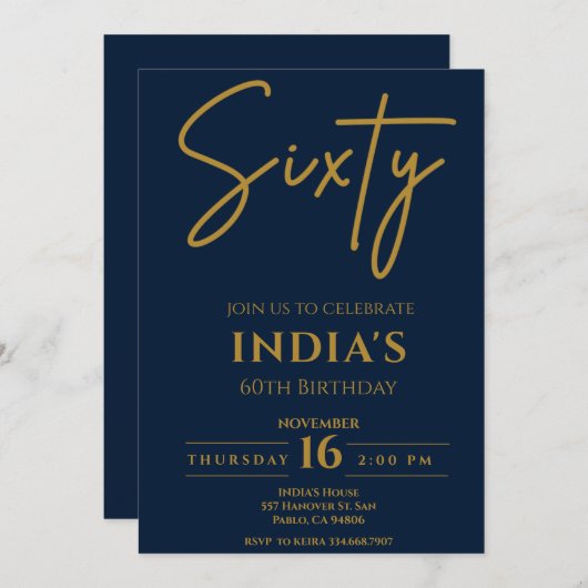 Script Gold & Blue 60th Birthday party Invitation (Devant / Derrière)