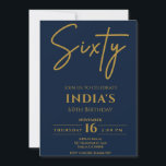 Script Gold & Blue 60th Birthday party Invitation<br><div class="desc">Ce Script Minimaliste Or & Bleu 60e anniversaire Invitation présente un script d'or "Sixty",  parfait pour honorer six décennies de vie,  Il est élégant et élégant,  grande surprise pour une célébration d'anniversaire jalon, </div>