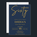 Script Gold & Blue 60th Birthday party Invitation<br><div class="desc">Ce Script Minimaliste Or & Bleu 60e anniversaire Invitation présente un script d'or "Sixty",  parfait pour honorer six décennies de vie,  Il est élégant et élégant,  grande surprise pour une célébration d'anniversaire jalon, </div>