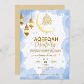 Script gold crescent Baby Boy Aqiqah Invitation (Devant / Derrière)