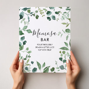 Script Green Foliage Baby shower Momosa Bar Sign. Poster