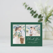 Script Green Twee foto bruiloft dank u Briefkaart (Staand voorkant)