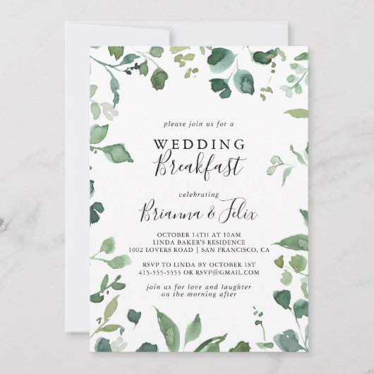 Script Groen Foliage Bruiloft Ontbijt Kaart (Voorkant)