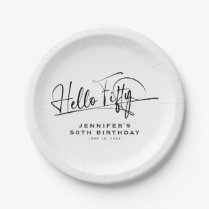 Script Hallo Vijftig Minimalistische 50e Verjaarda Papieren Bordje