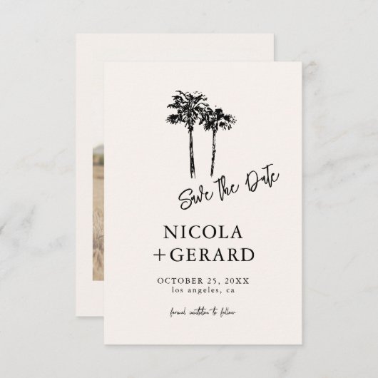Script Hand getrokken Palmboom Tropische kleine br Save The Date (Voorkant / Achterkant)