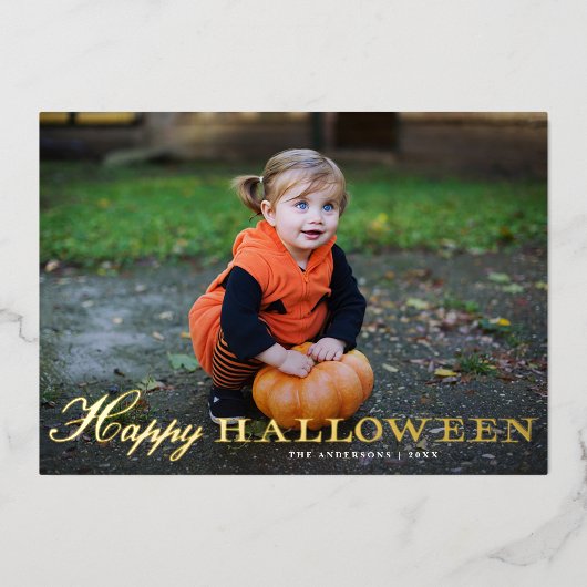 script Happy Halloween Photo Gold Folie Feestdagenkaart (Voorkant)