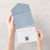 Script Harten Stof Blauw QR Code Trouwen All In One Uitnodiging (Afscheurbaar)