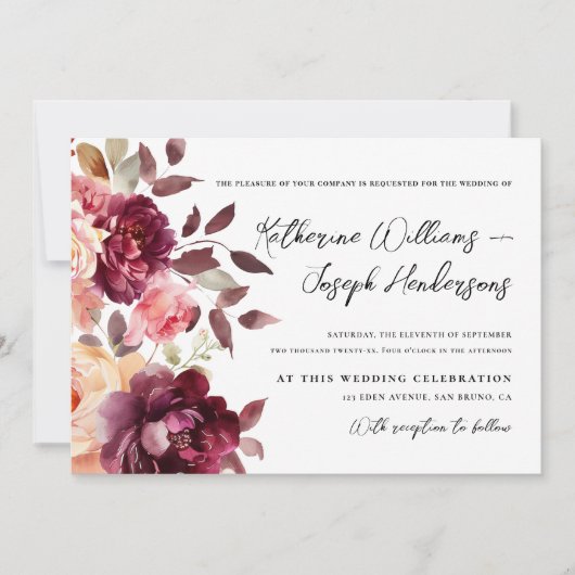 Script kalligrafie Boeket Bloemen Bourgogne Huweli Kaart (Voorkant)