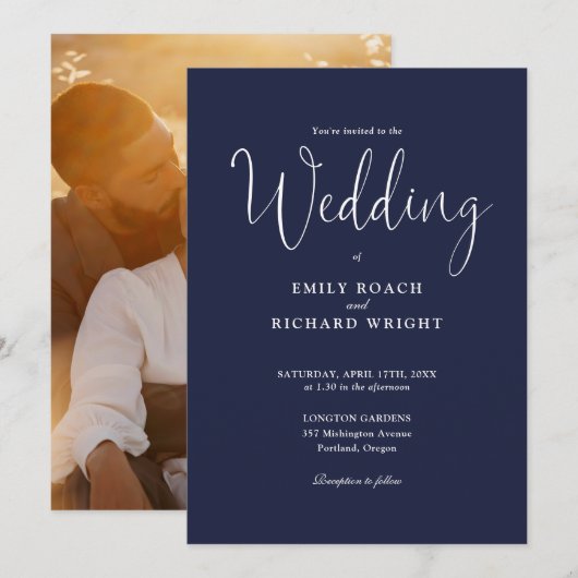 Script Kalligrafie Foto Marine Blue Wedding Kaart (Voorkant / Achterkant)