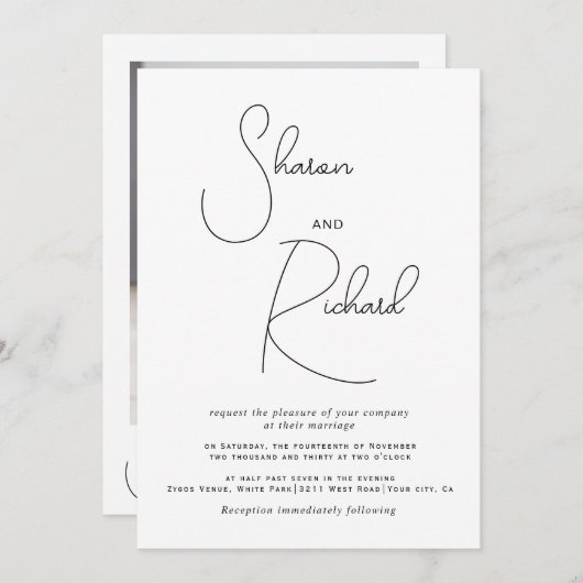 Script kalligrafie zwart-wit foto bruiloft kaart (Voorkant / Achterkant)