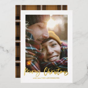 script kwam kerst mustard tartan foto folie feestdagenkaart