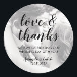 Script Love & Thanks Photo Wedding Favor Sticker<br><div class="desc">Script Love & Thanks Photo Wedding Favor Sticker</div>